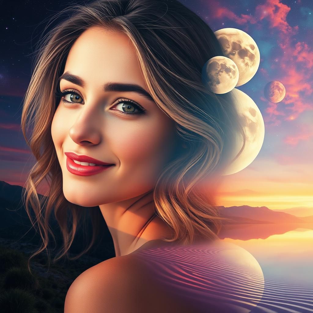 Dreamlike Double Exposure Portrait of Woman and Planet