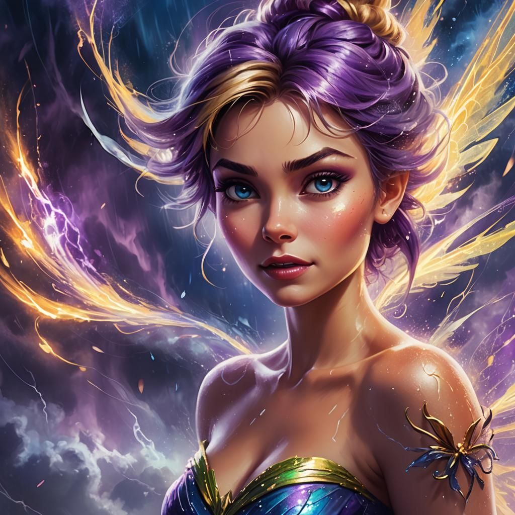 Tinkerbell Controls a Hurricane in Vibrant Oil Painting