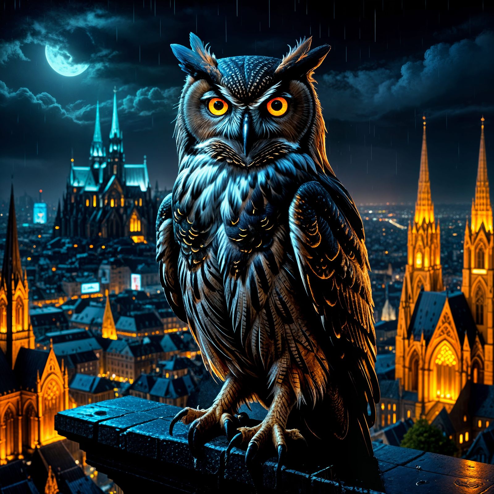 Neon-Eyed Owl Overlooking Gothic Cityscape