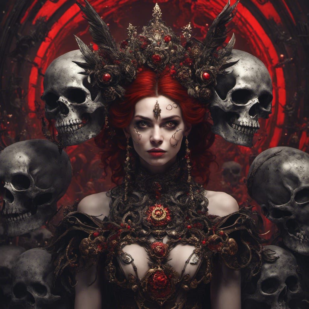 Gothic Steampunk Queen Surrounded by Skulls