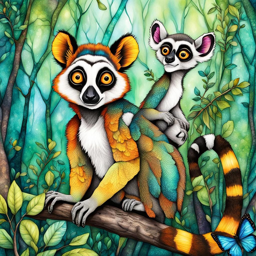 Ai-ai species Lemur & Baby at Madagascar Forest