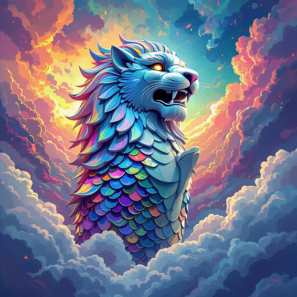 Iridescent Merlion Amidst Swirling Clouds, in Digital Art St...