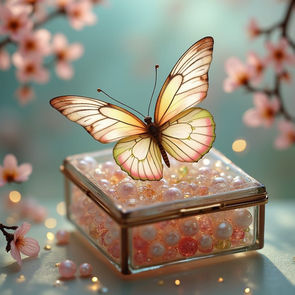 Butterfly in Glass Jewelry Box, Art Nouveau Style