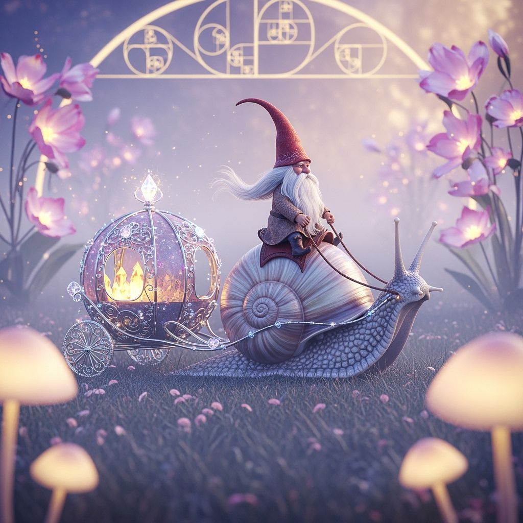 Gnome Rides Snail Through Mystical Meadow