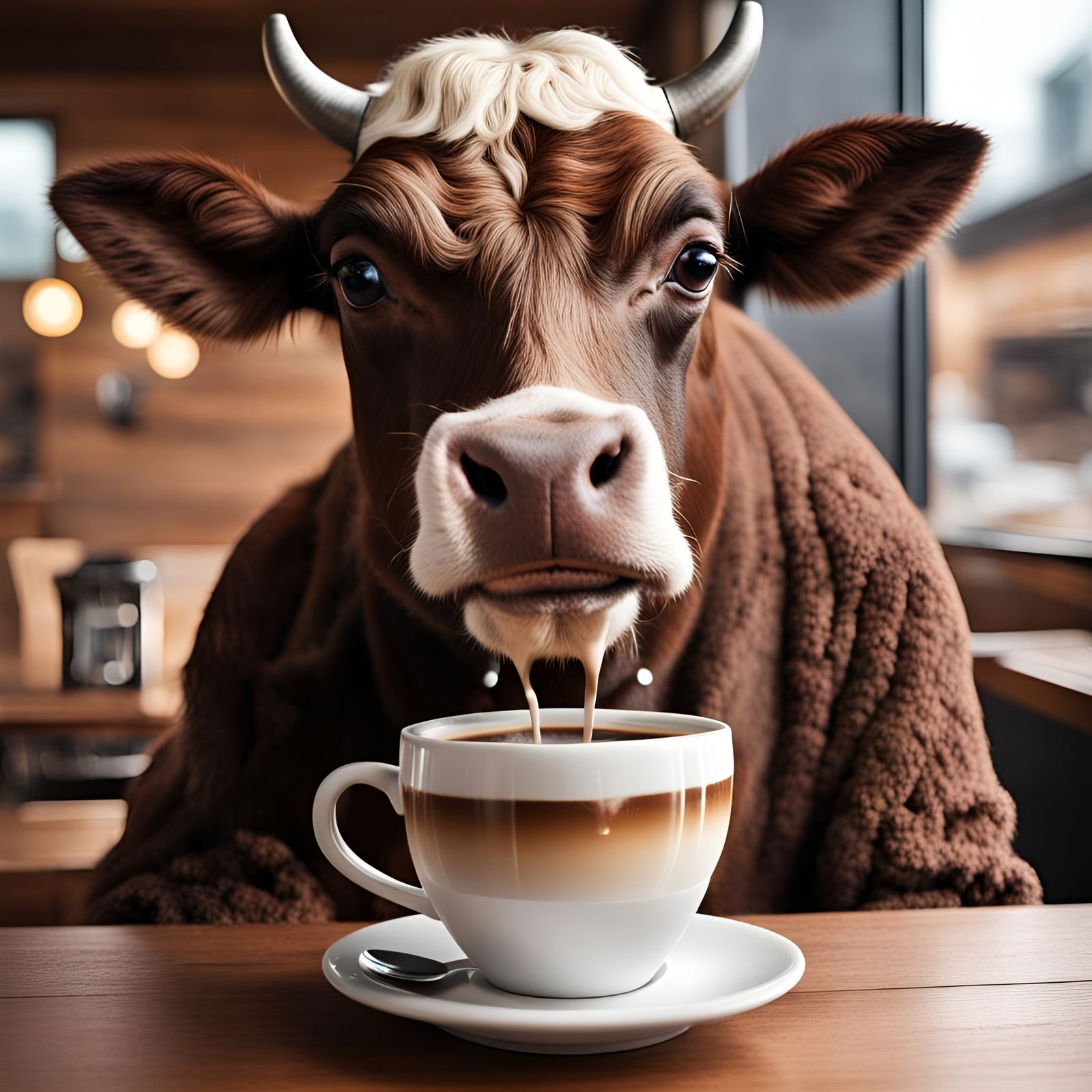 Cow Enjoys Coffee Break