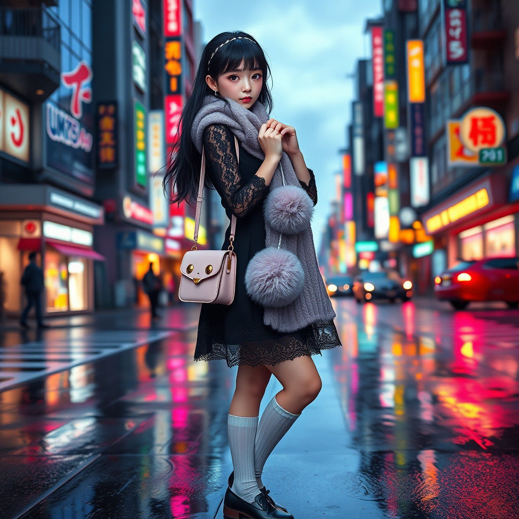 Elegant Japanese Girl in Gothic Fashion, Tokyo at Dusk