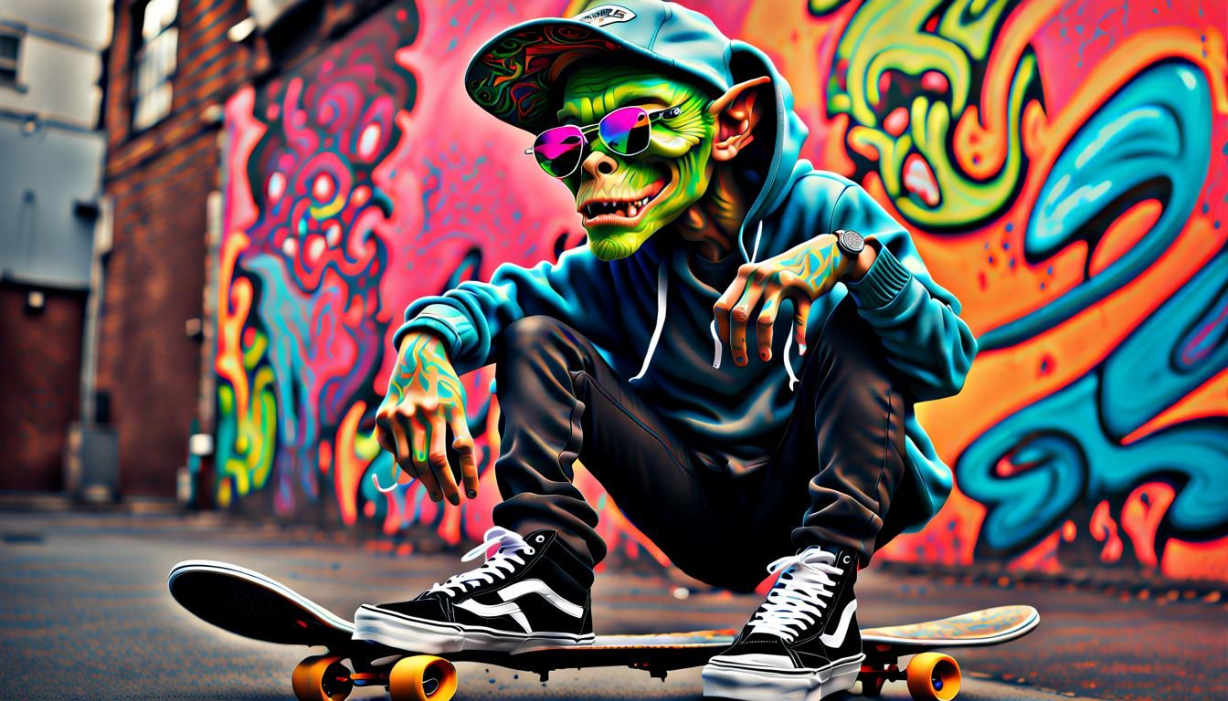 Hyperrealistic Skater Goblin in Graffiti Setting