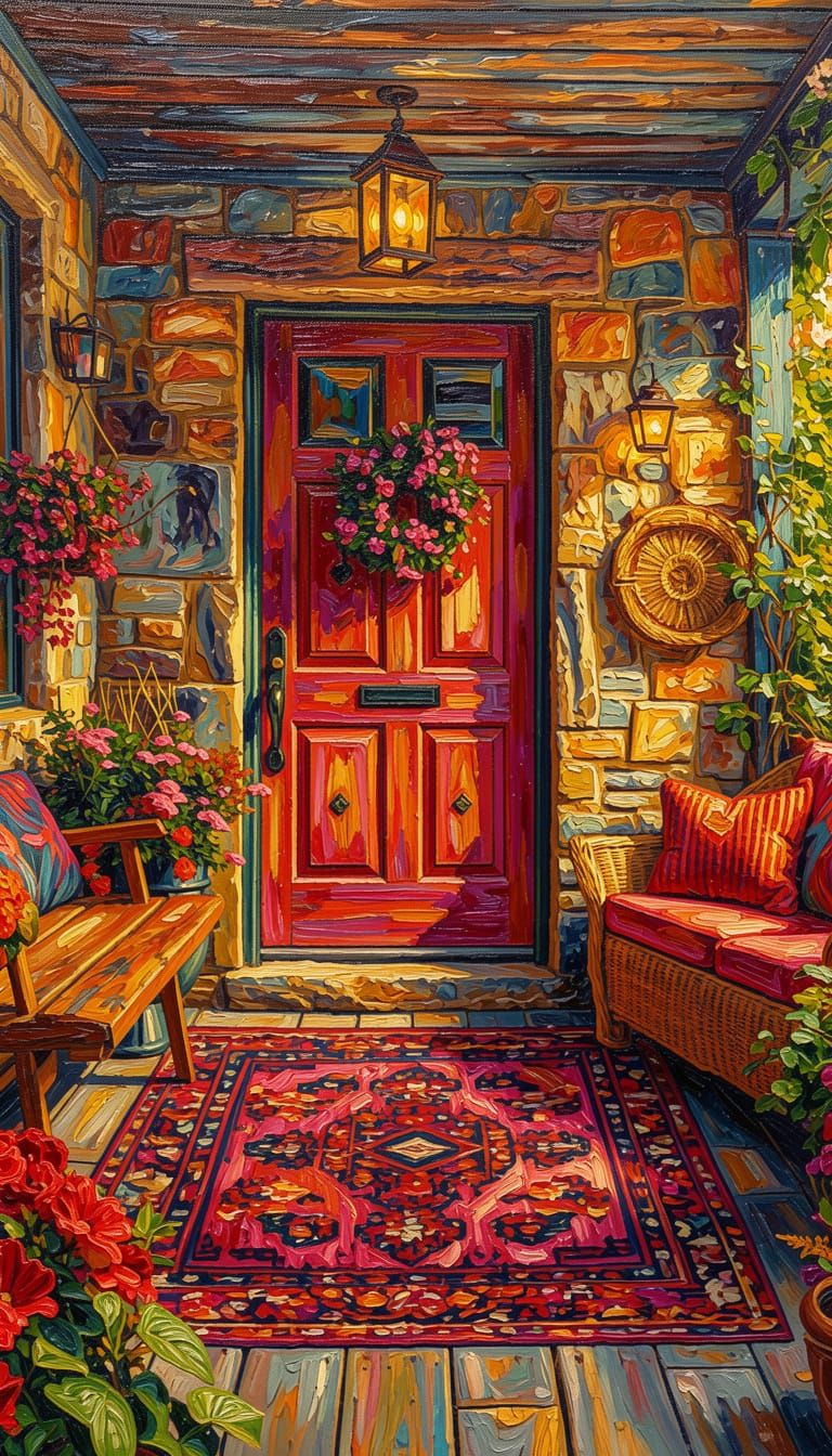 Vibrant Oil Painting of a Porch in Neo-Impressionist Style