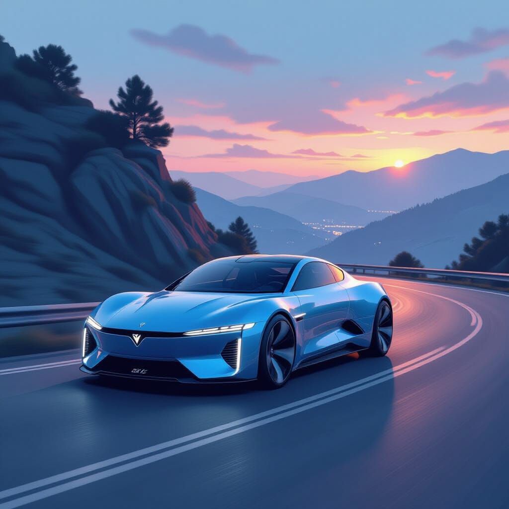Futuristic Blue Car on Winding Road