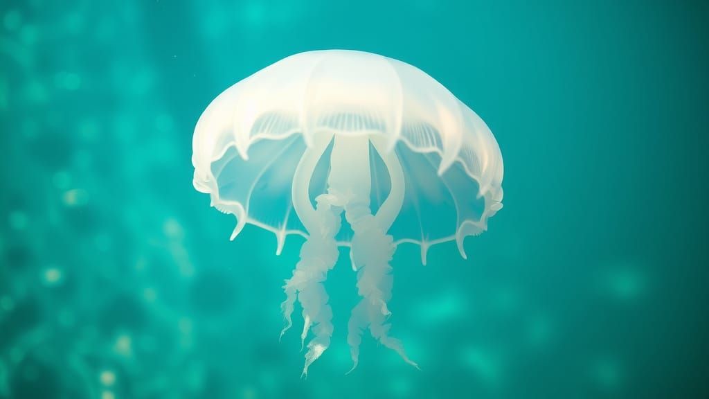 Glowing White Pearl Jellyfish in Crystal Clear Ocean Waters