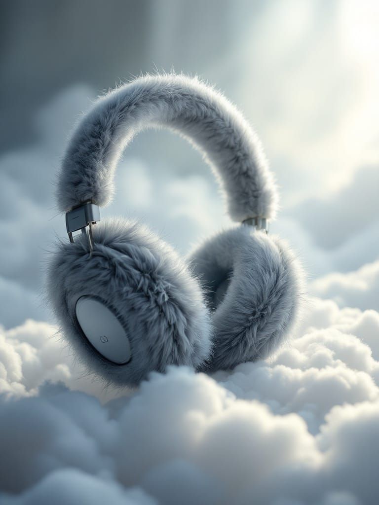 Fluffy Gray Headphones in Heavenly Cloudscape