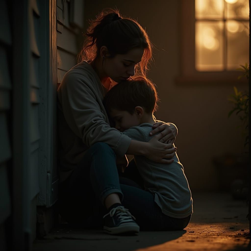 Comforting Mother and Son in Golden Light