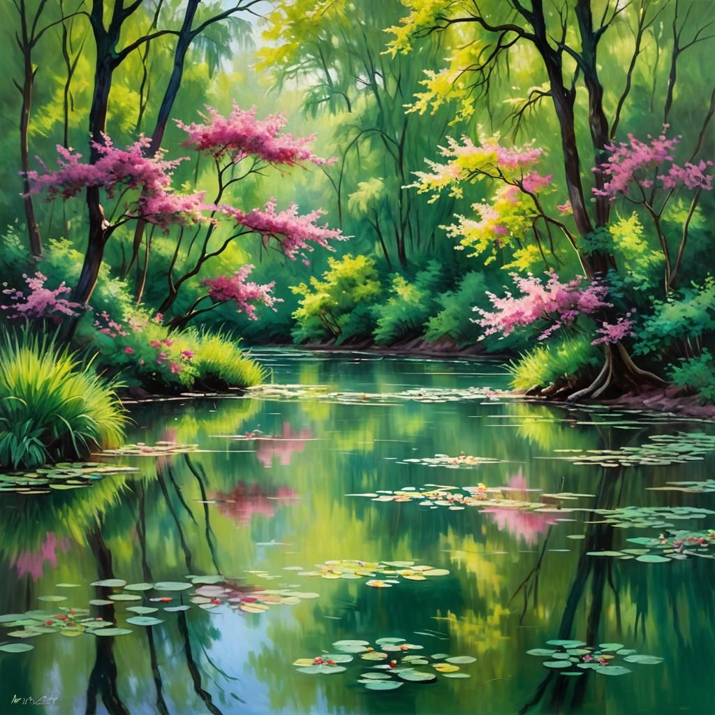 Impressionist Pond with Water Reflections