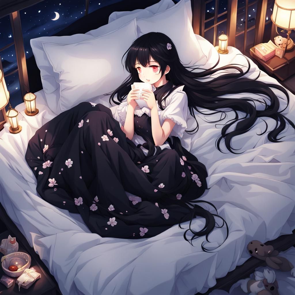 Anime Girl Sleeping in Rabbit Patterned Bed at Night