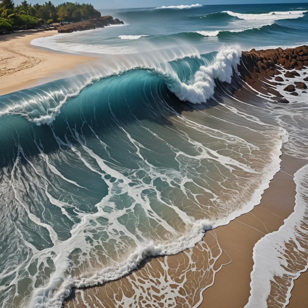 Tidal Wave Approaching Tropical Beach in Hyperrealism