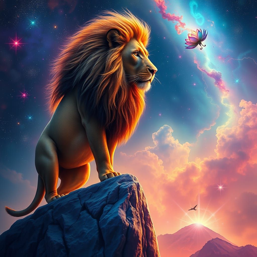Surrealist Lion Overlooks Cosmic Galaxy in Ethereal Glow