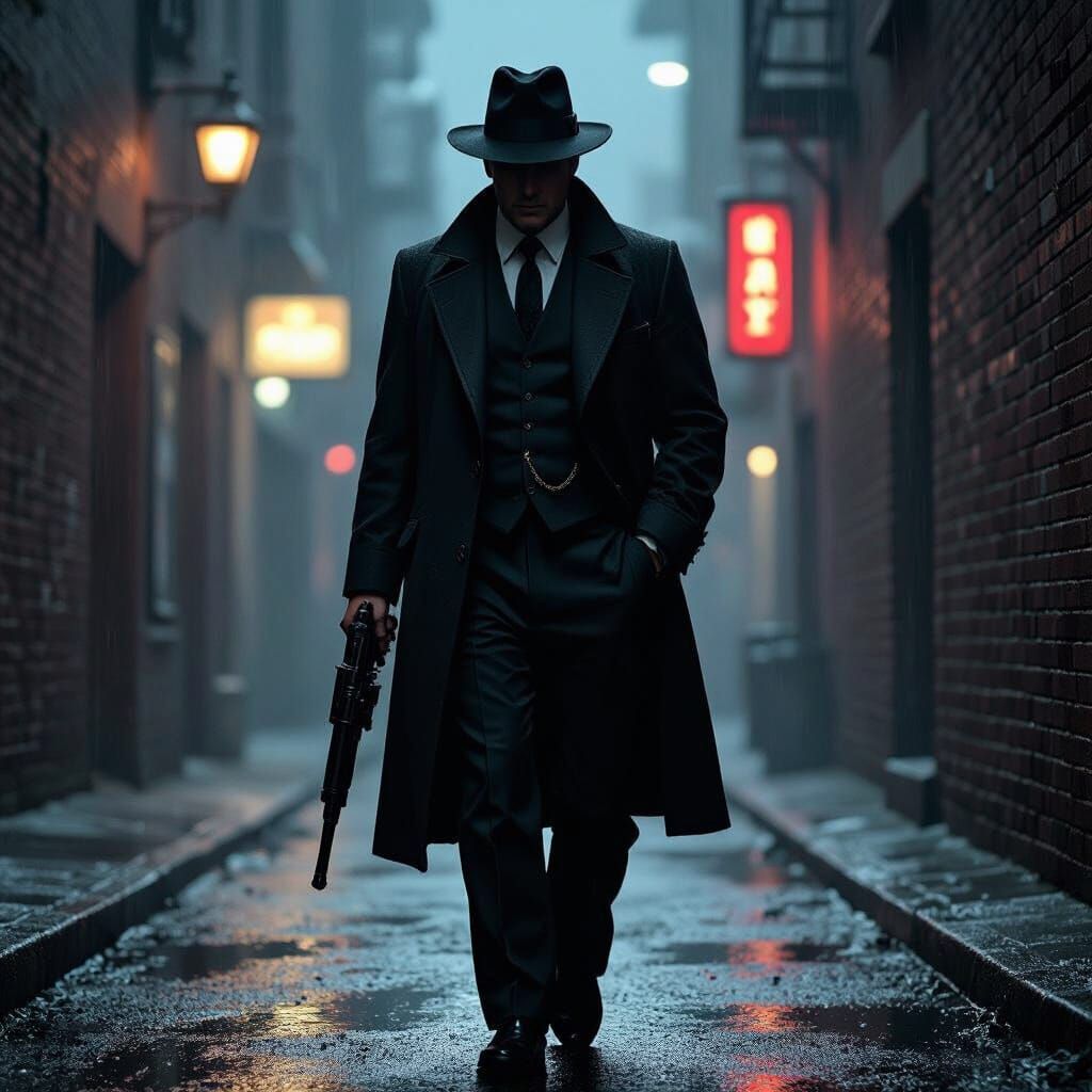 1950s Gangster in Film Noir Style with Machine Gun