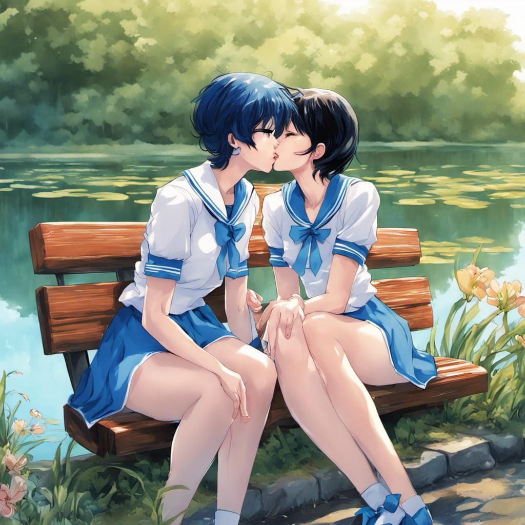 Anime Girls Kissing by Pond