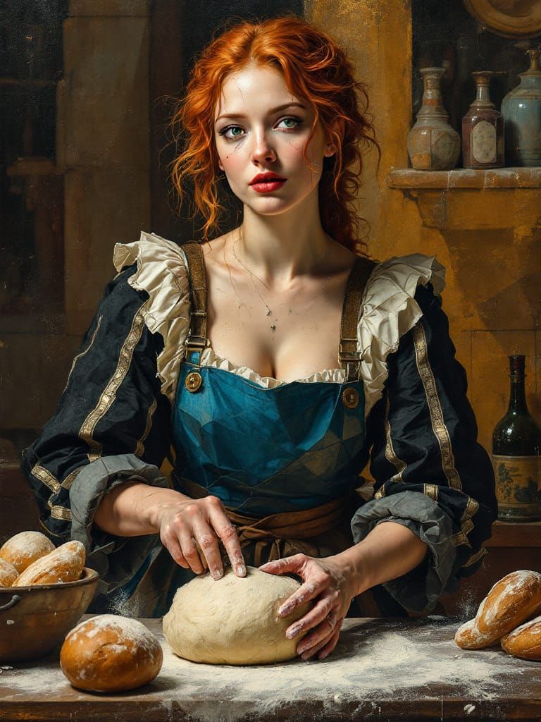 Redhead Baker Kneading Dough in Geometric Style