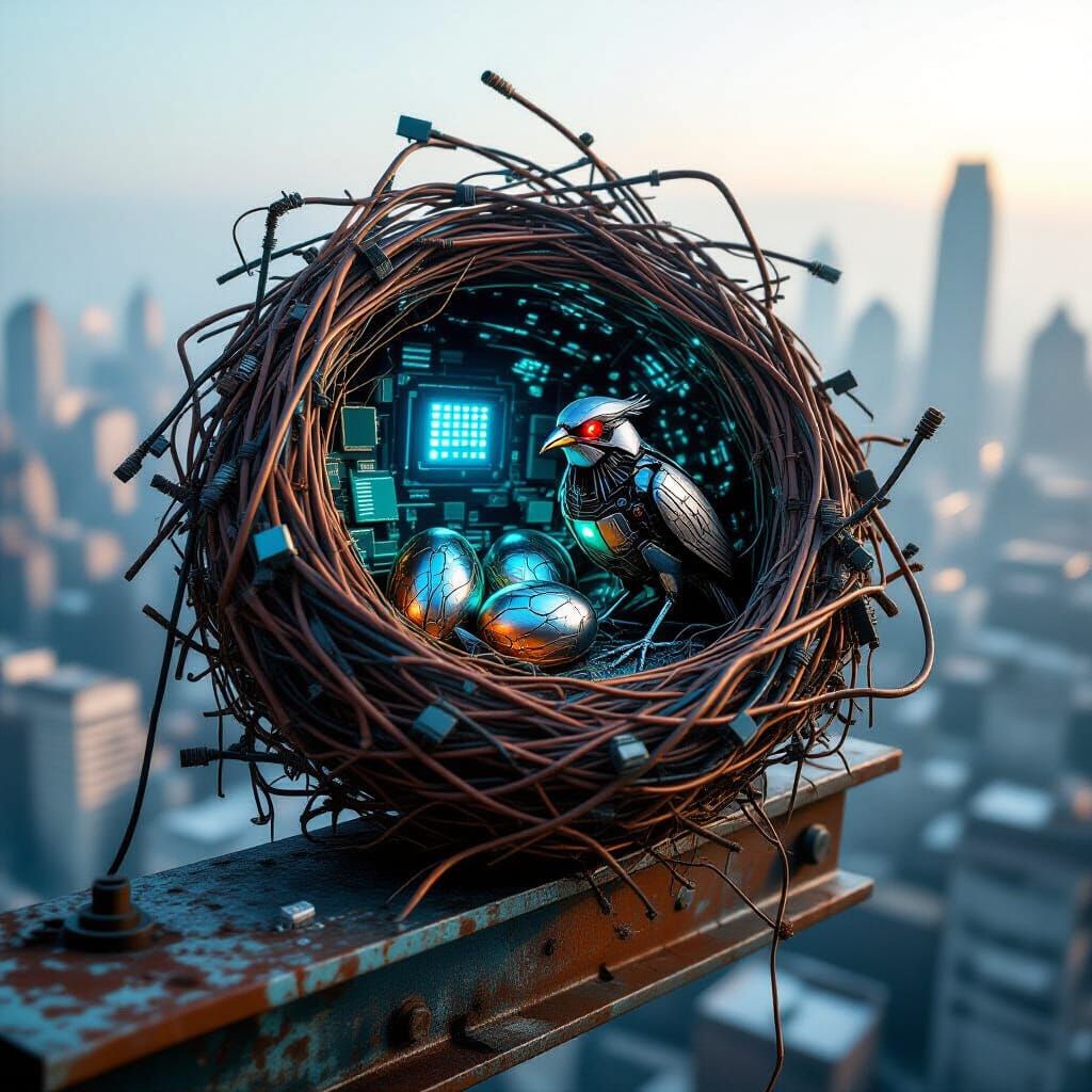 Cyberpunk Bird's Nest Overlooking Post-Apocalyptic Cityscape
