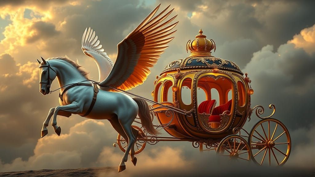 Golden Carriage Pulled by Pegasus in Cinematic HDR