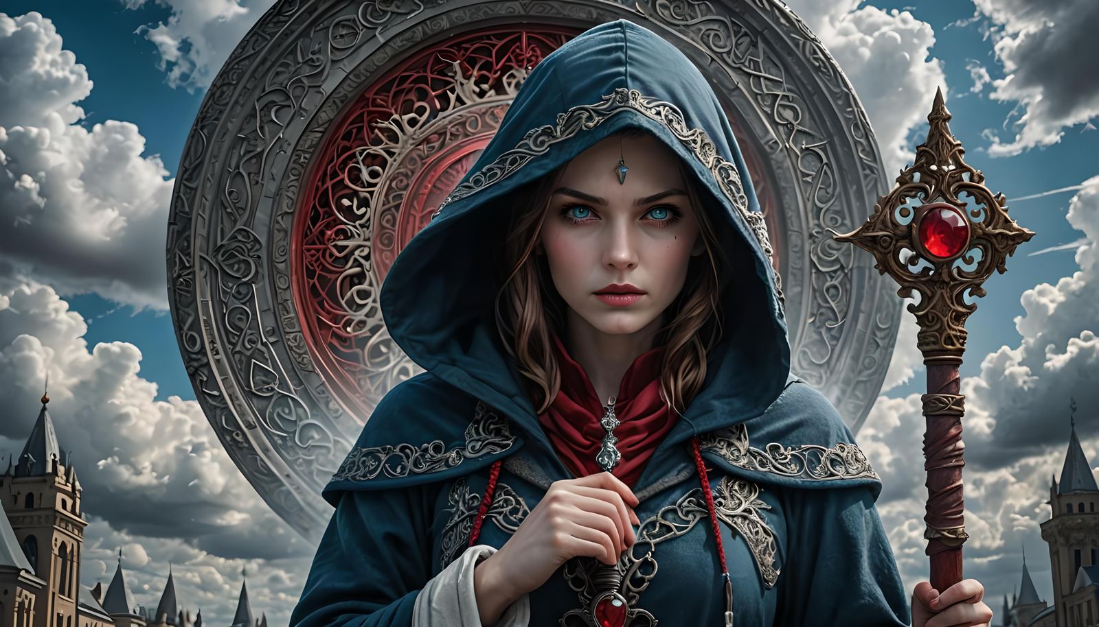 Hooded Guardian with Ruby Staff: Hyperrealistic Portal Scene