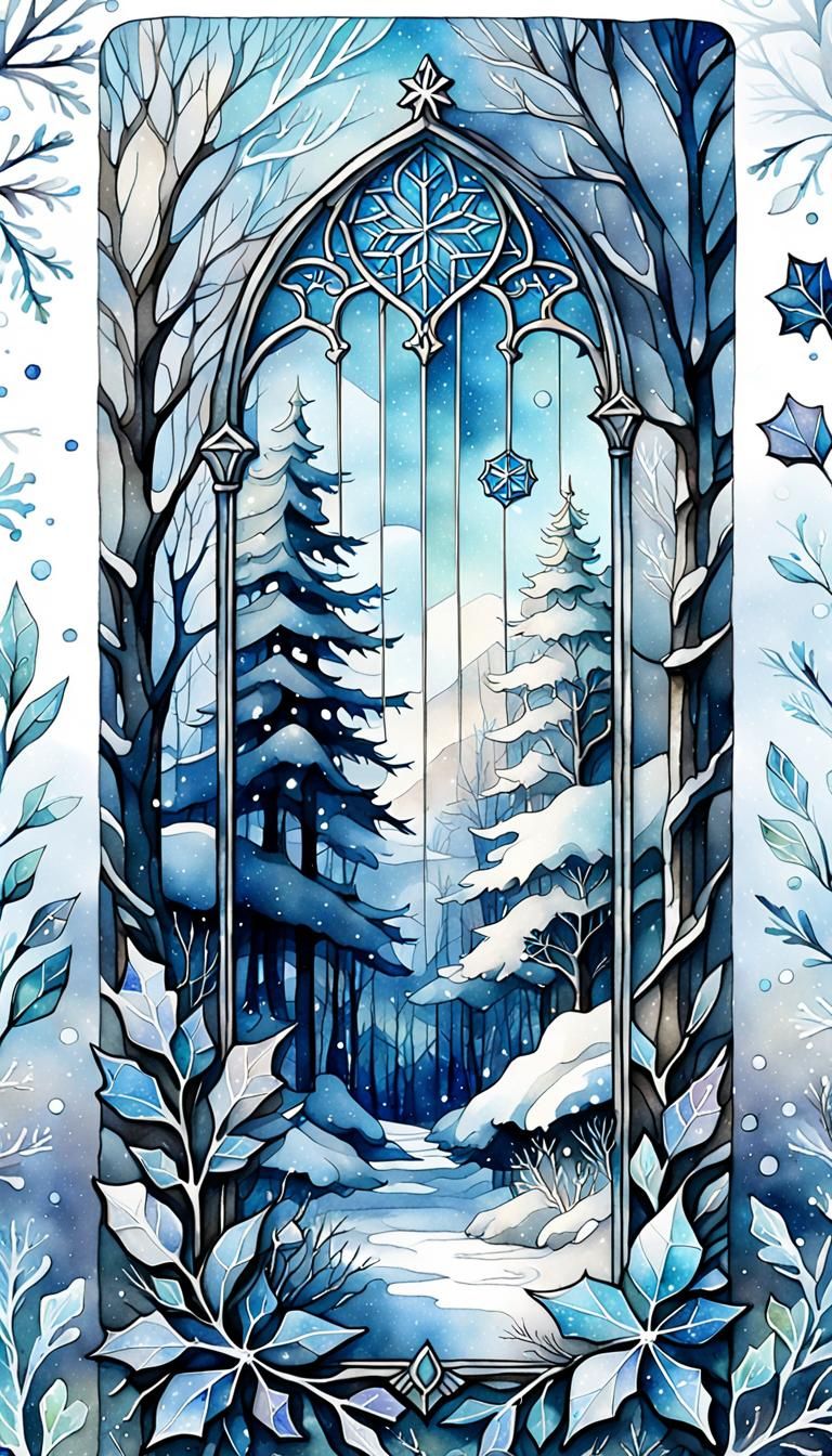 Winter Scene Bookmark with Stained Glass and Watercolor