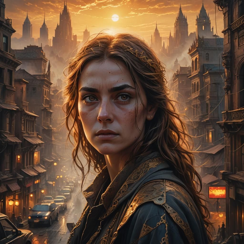 Mystical Cityscape: Cinematic Portrait in Gritty Style