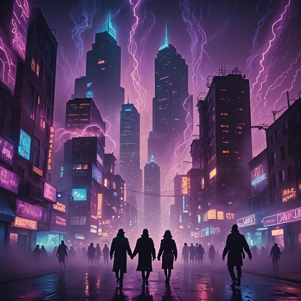 Neon Cityscape with Swirling Mist, Digital Matte Painting