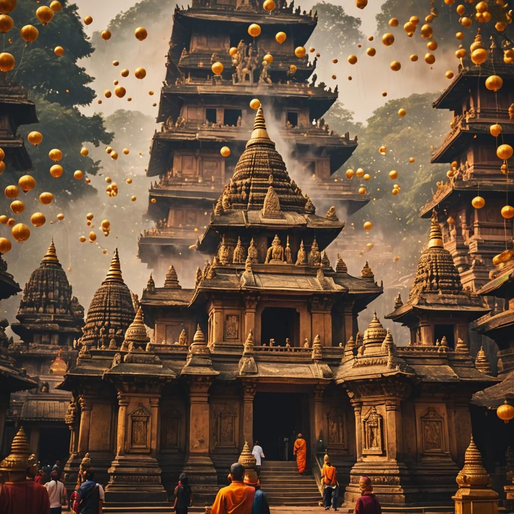 Golden Indian Temple with Buddha Statues