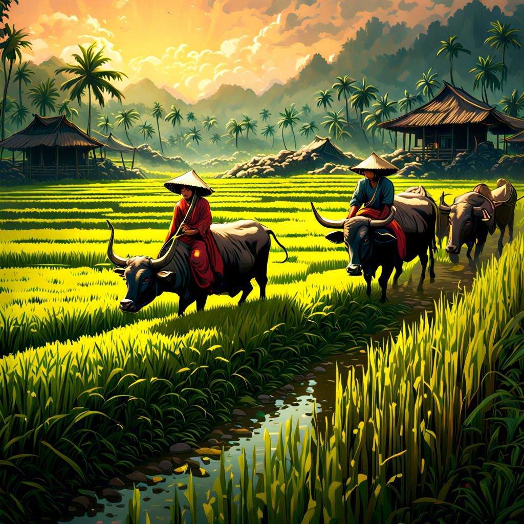 Indonesian Children Working Rice Fields with Buffalo