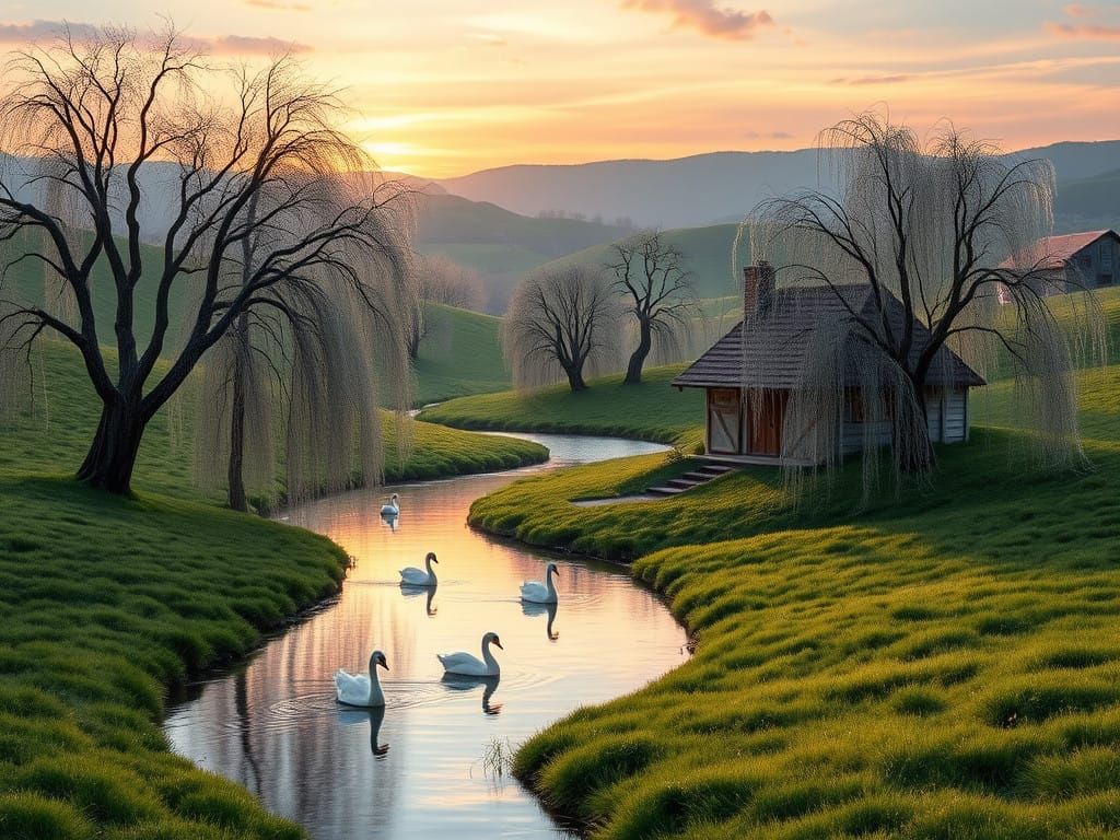 Serene Dawn Landscape with Majestic Willows and Reflections