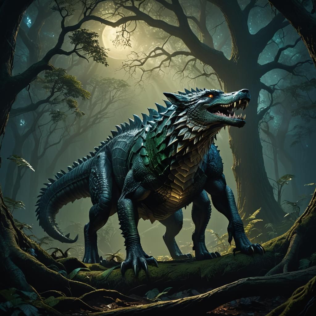 Crocodile-Wolf Hybrid in Dark Fantasy Forest
