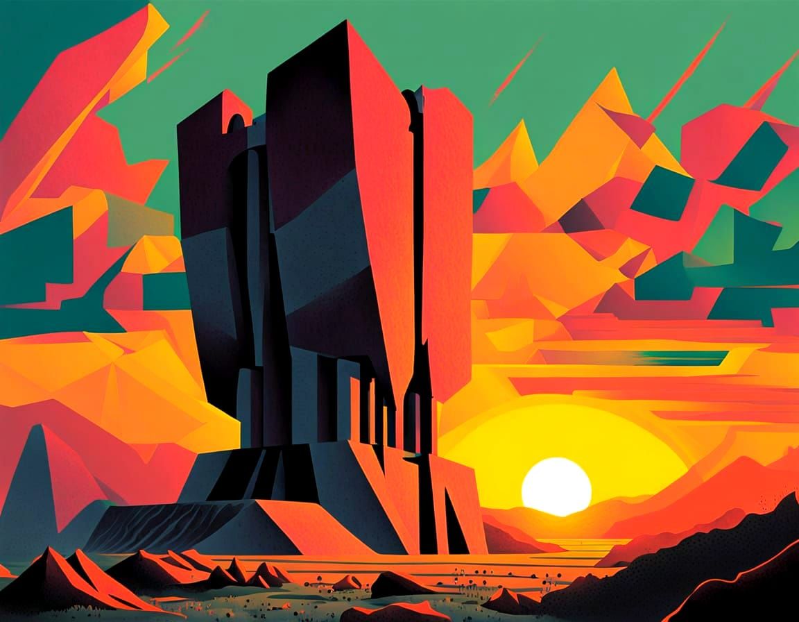 Dystopian Brutalist Monolith Emerges at Sunset