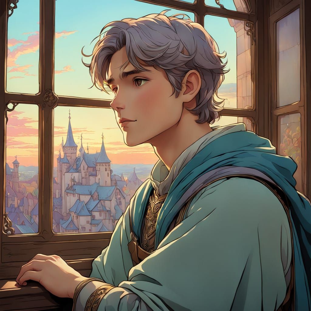 A Boy Illuminated by Dawn's Soft Light in Whimsical Medieval...