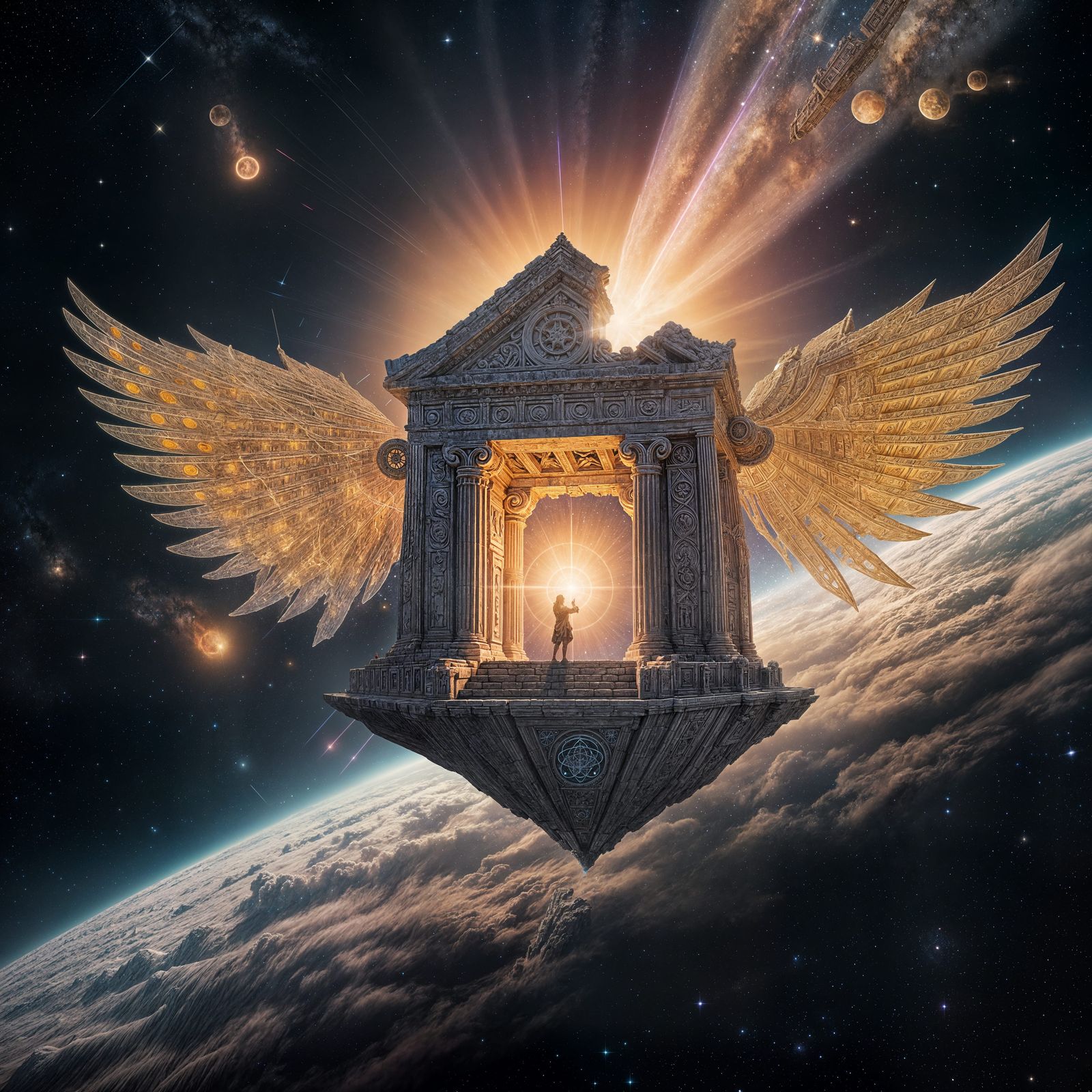 Cosmic Temple with Ethereal Wings in Space