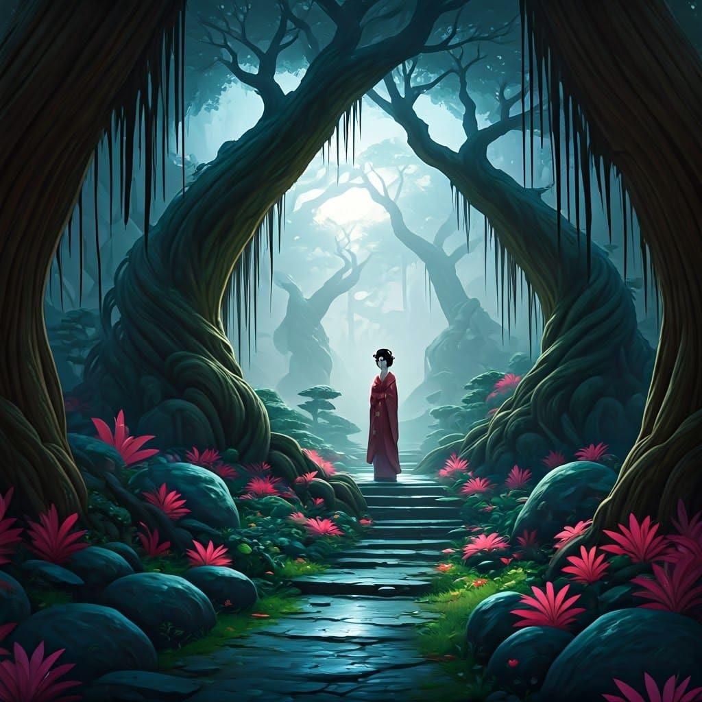 Mystical Geisha in Moonlit Garden: Fantasy Concept Art