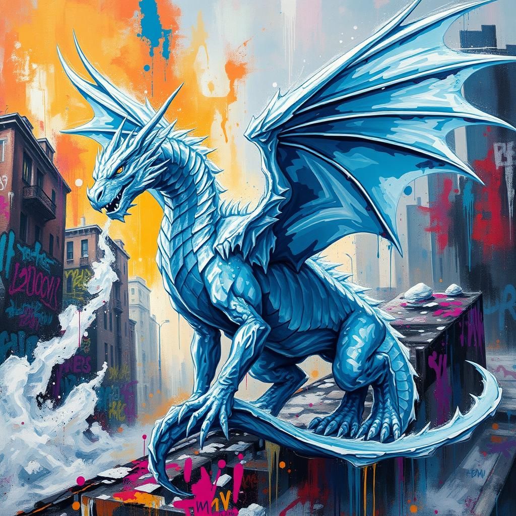 Icy Dragon Breathes Frosty Mist in Graffiti City