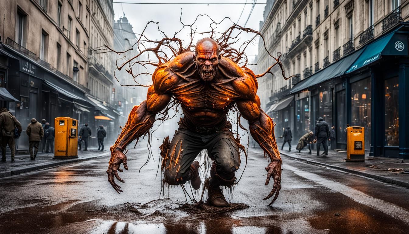 Mutant Seeks Charging Point in Stormy, Rusty City