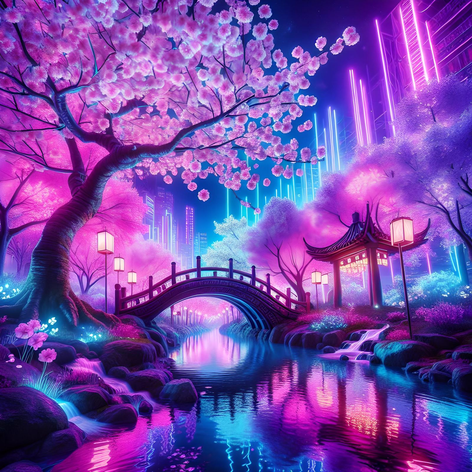 Hyperrealistic Sakura Trees with Neon Lights