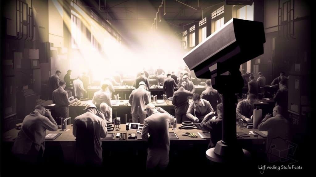 Dystopian Factory with Workers in Piercing Light