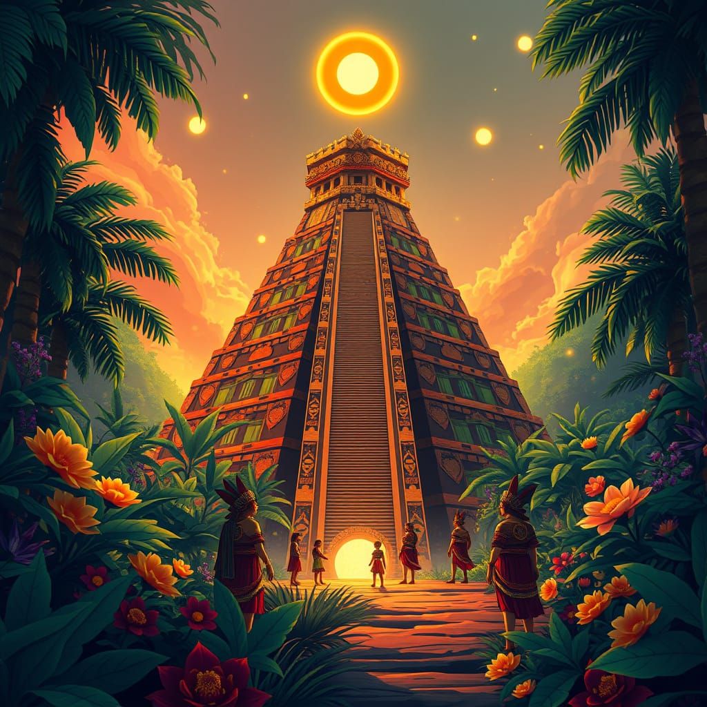 Majestic Mayan-Aztec Pyramid in Vibrant Jungle Landscape, An...