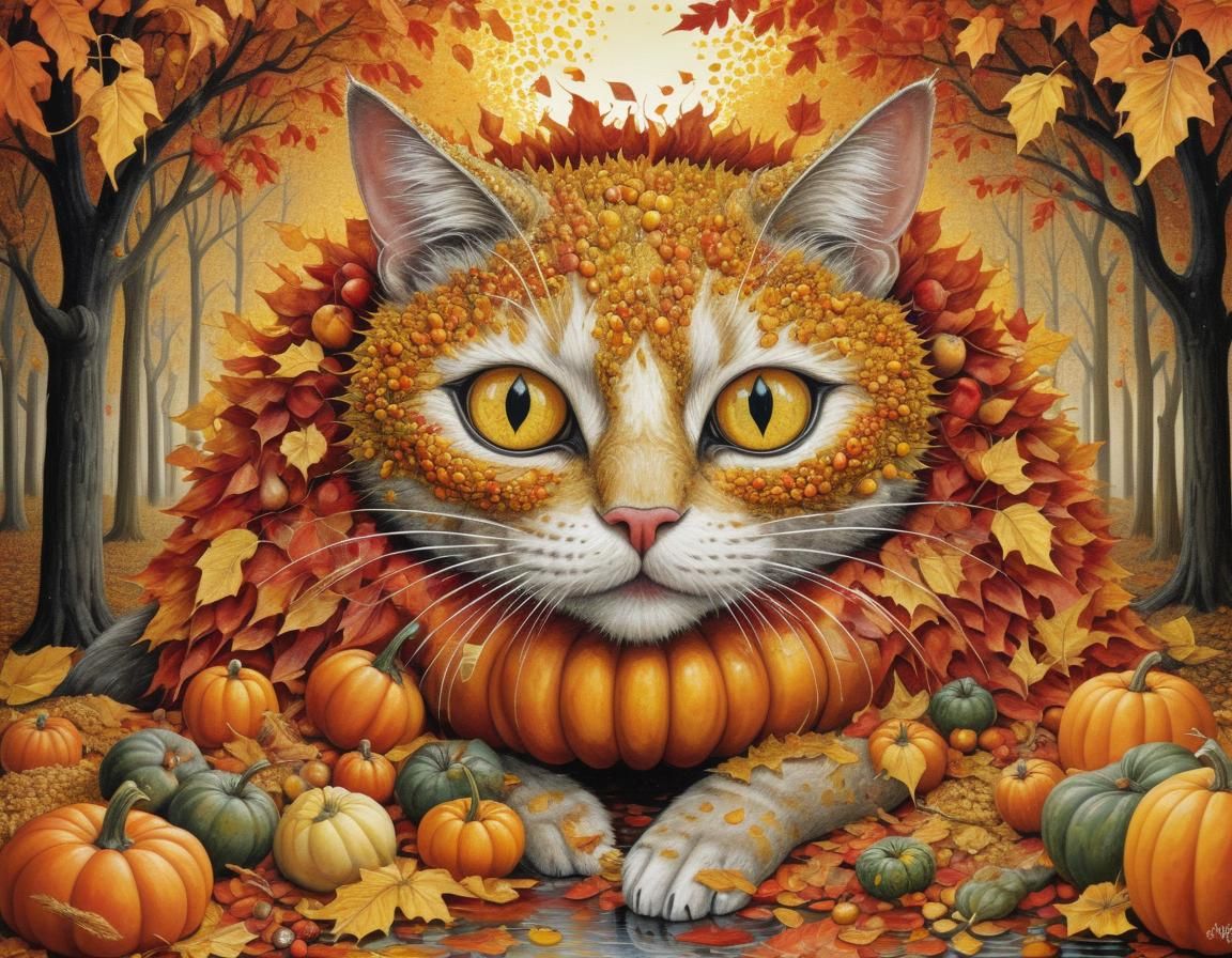 Pointillist Autumn Kitty in Surrealist Style