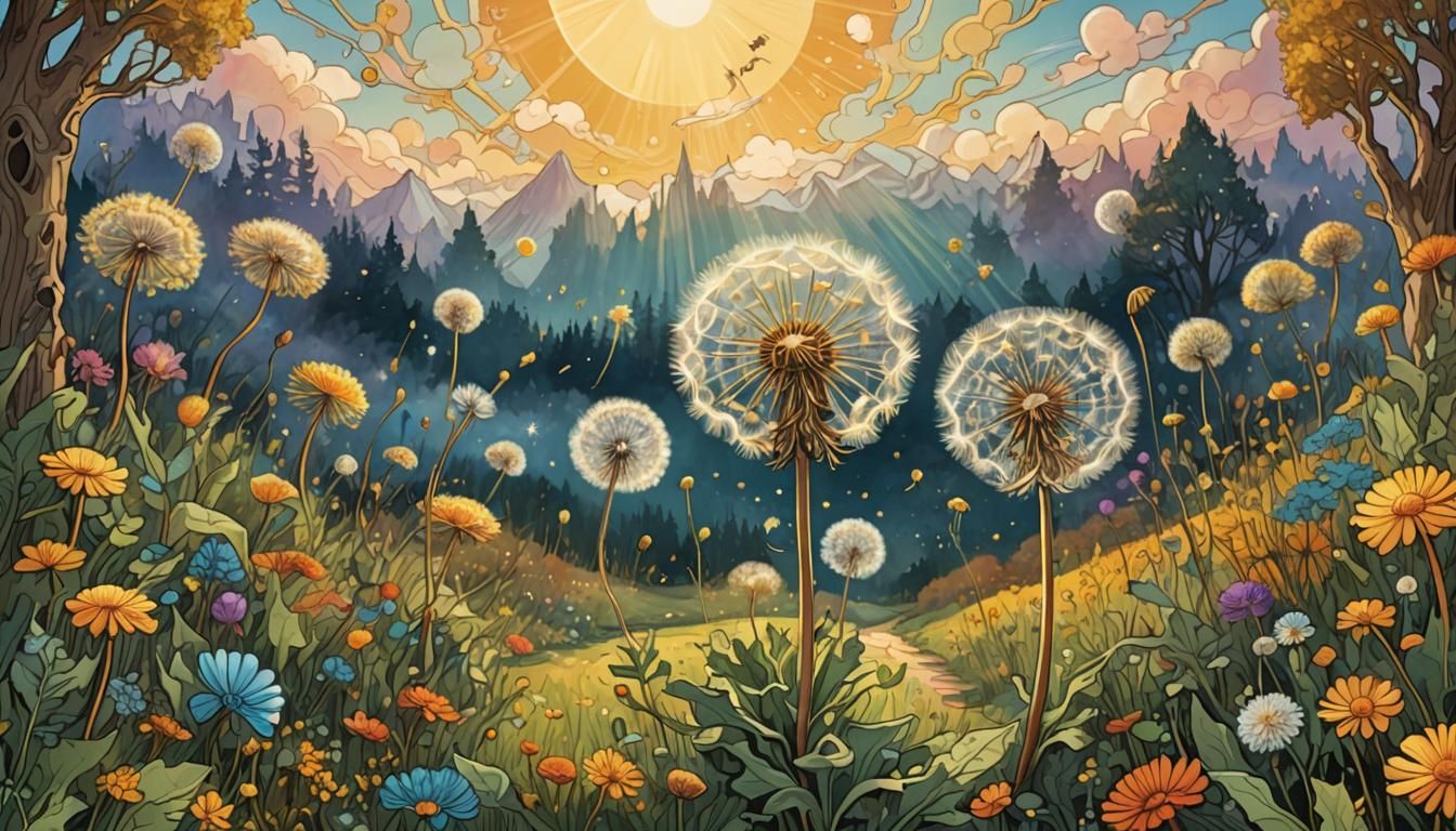Dandelion Seed Drifting in a Fairytale Landscape