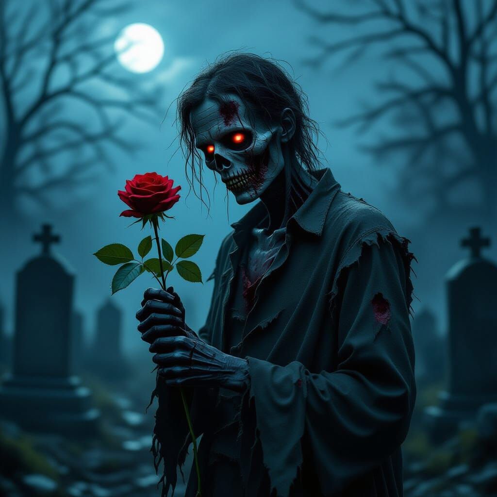Zombie Holding a Wilting Rose in Misty Graveyard