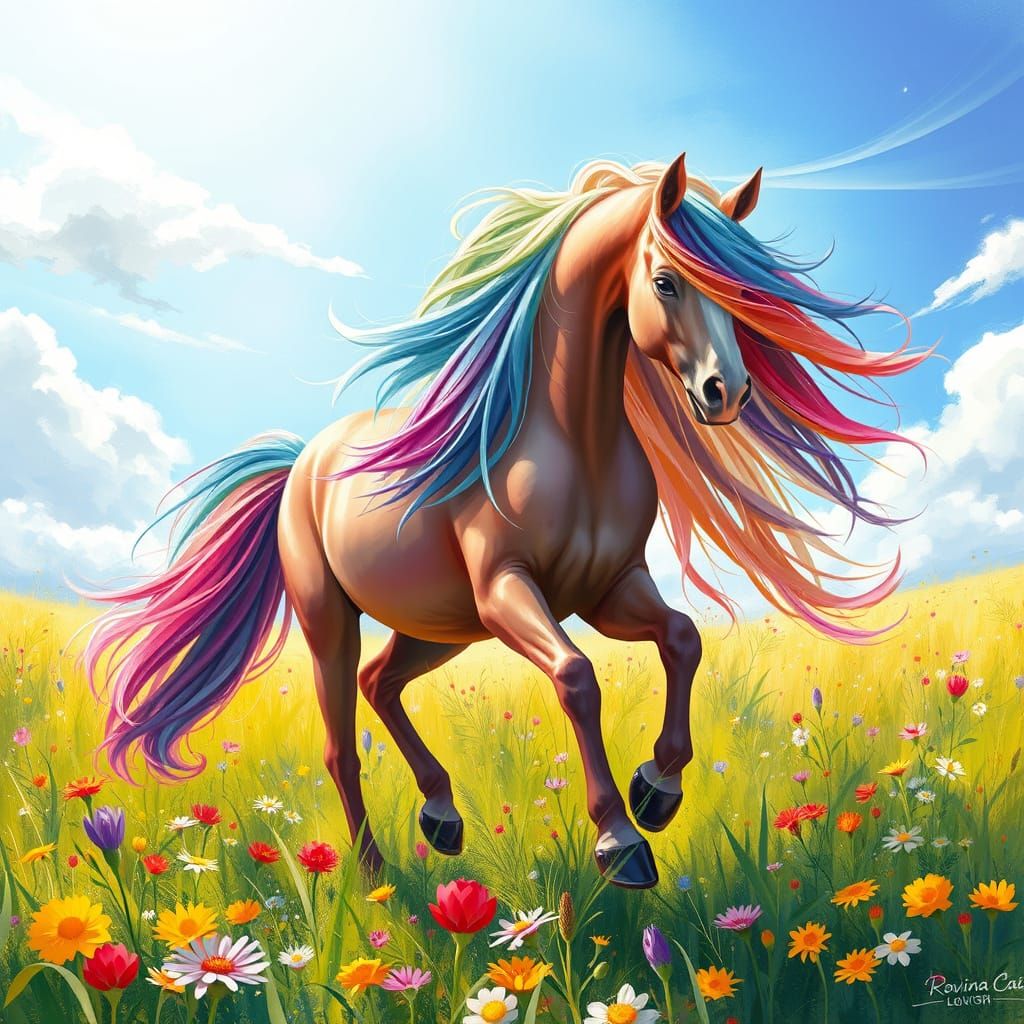 Whimsical Rainbow Pintabian in a Vibrant Meadow