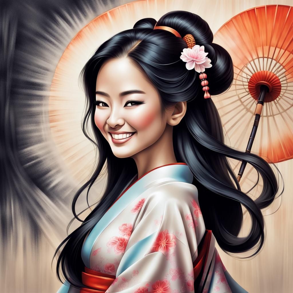 Airbrush Illustration of Smiling Geisha Woman