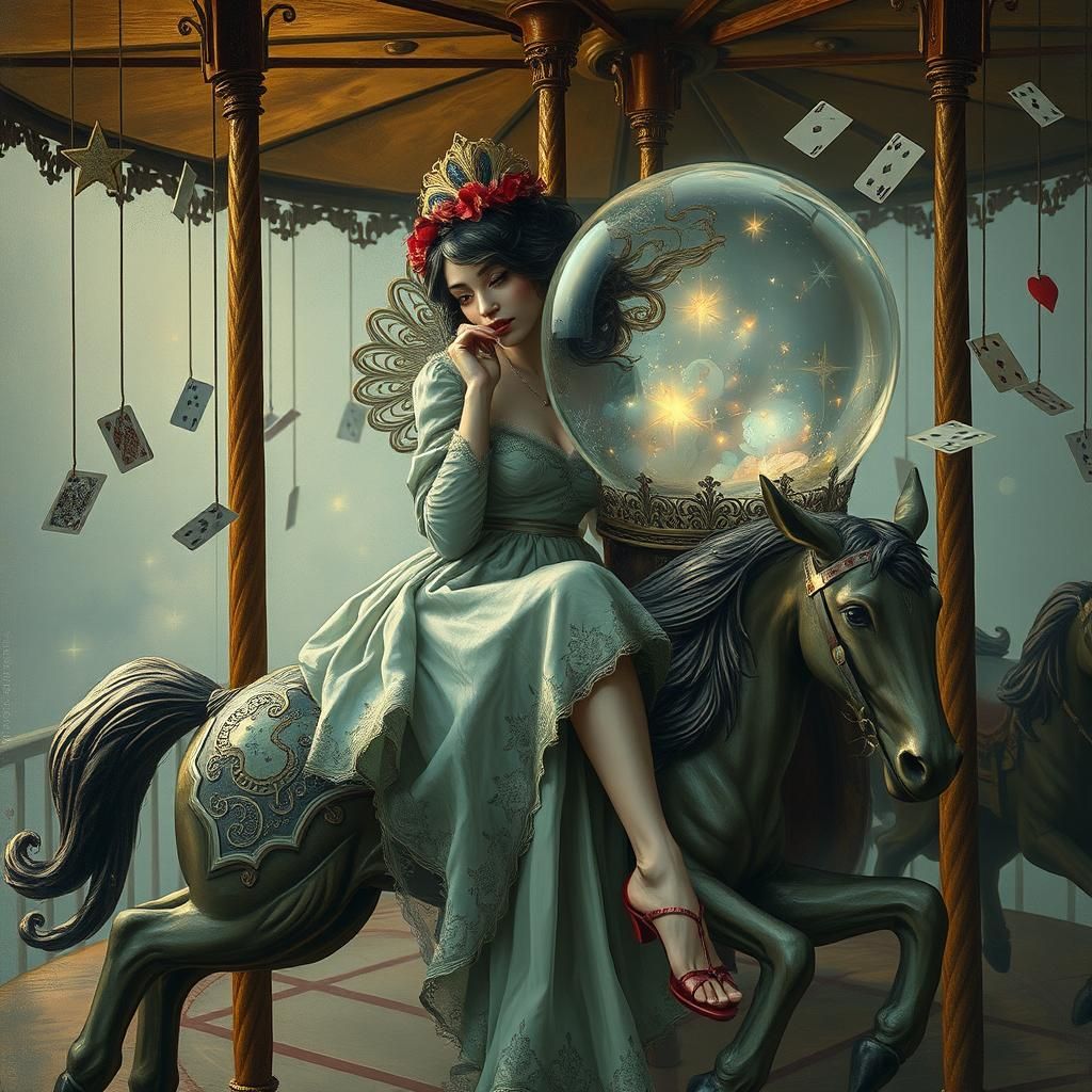 Whimsical Woman on Carousel with Crystal Ball