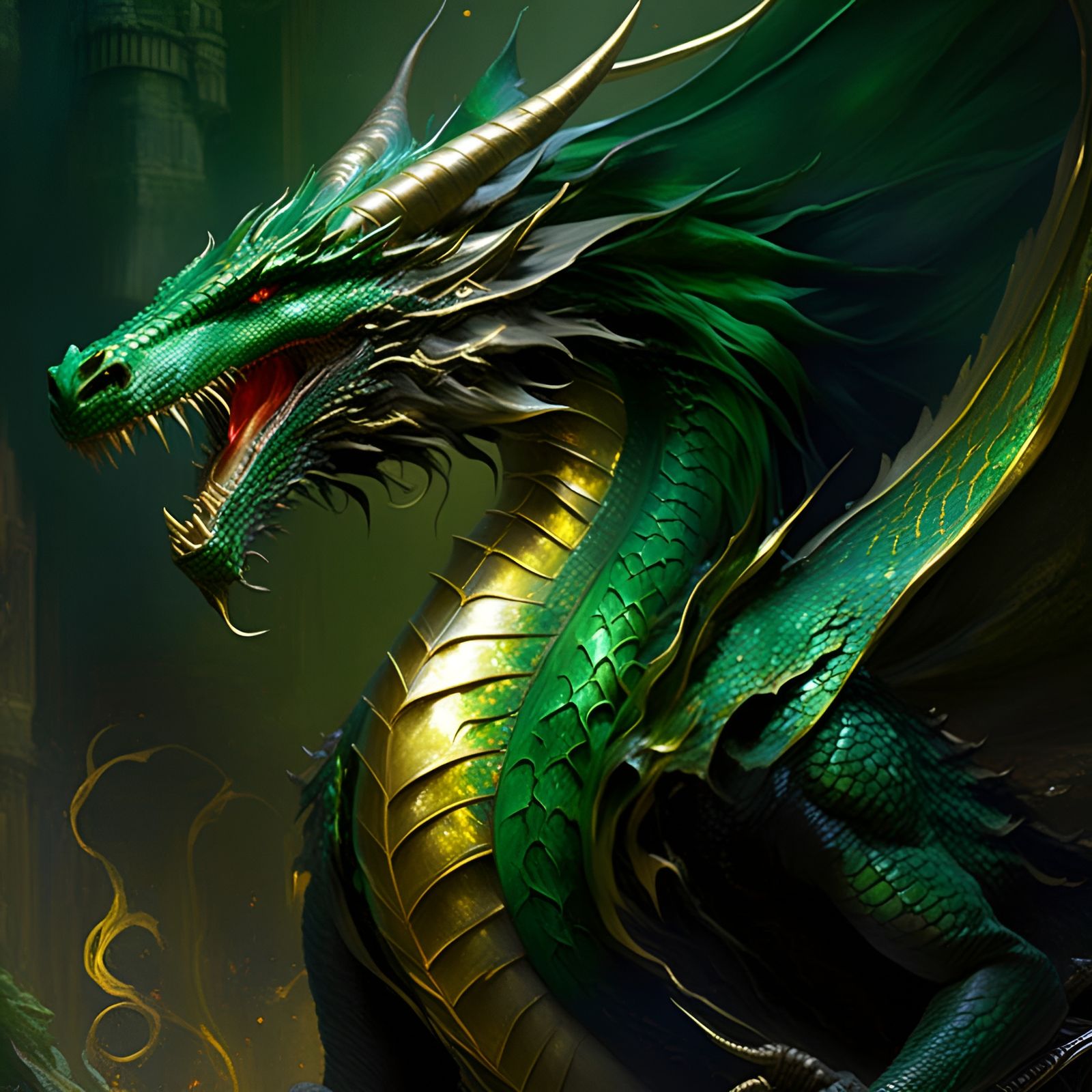Emerald and Gold Dragon in Graffiti Art Style