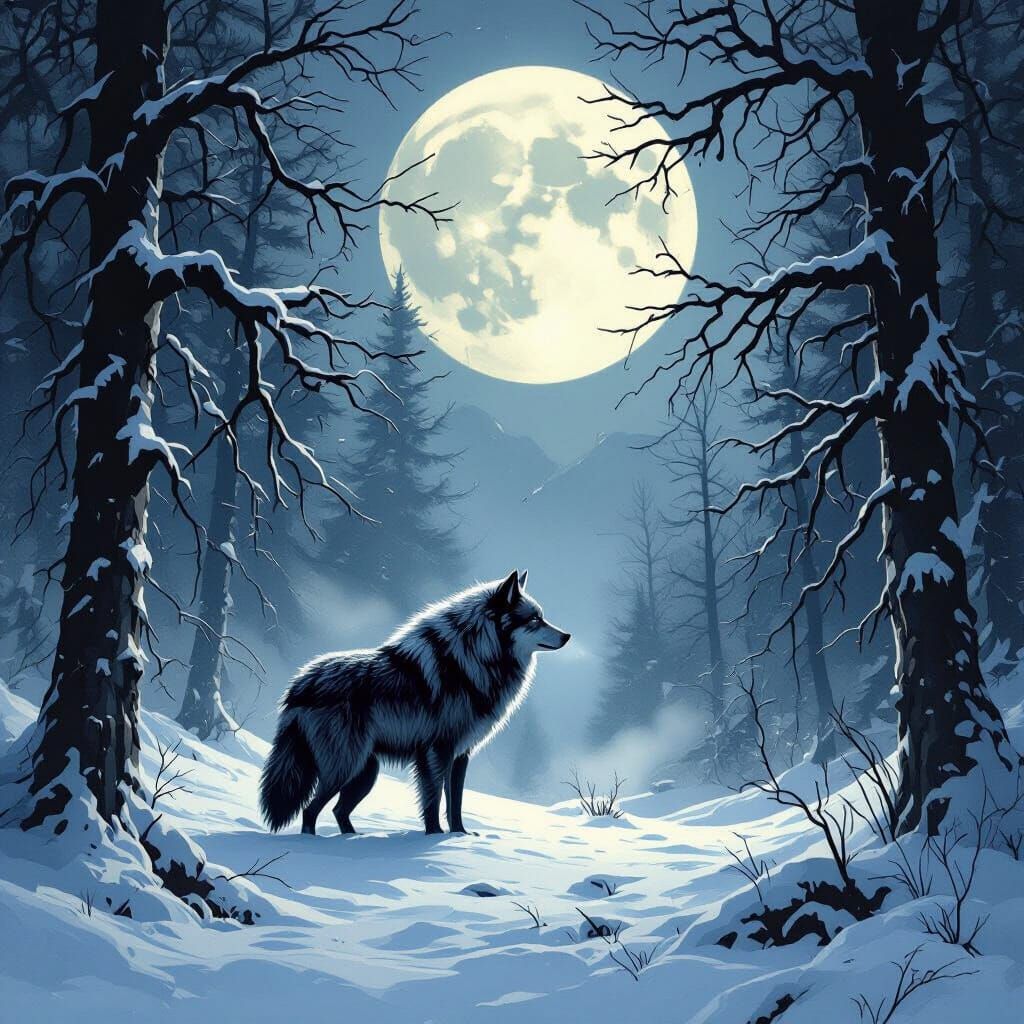 Lone Wolf in Snow-Covered Forest: Dark Fantasy Art